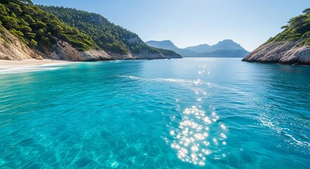 Fototapeta premium Tropical Mountain Coastline with Crystal Clear Blue Water—Idyllic Beach and Scenic Nature Landscape