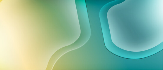 Abstract background features flowing shapes, soft gradients. Colors transition from yellow to teal, creating smooth visual effect.