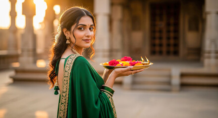 beautiful Indian woman in a traditional green saree holding a puja thali with flowers and a diya, looking back at the camera