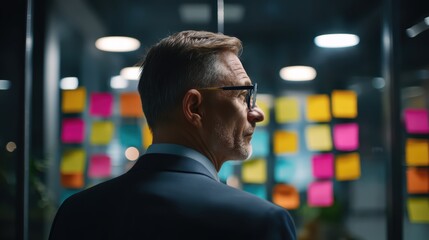 Fototapeta premium A mature businessman in a suit stands thoughtfully before a glass wall covered in colorful sticky notes in a modern office at night