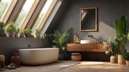 Modern bathroom with a freestanding tub, wooden accents, lush green plants, and large skylight windows creating a bright, serene atmosphere