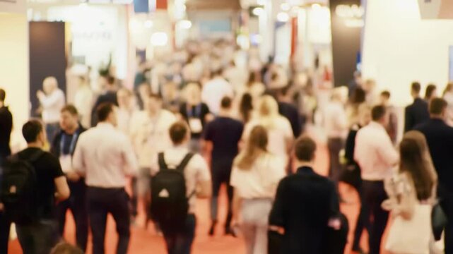 Dynamic crowd moving through bustling trade show, showcasing innovation and networking opportunities for professional business growth