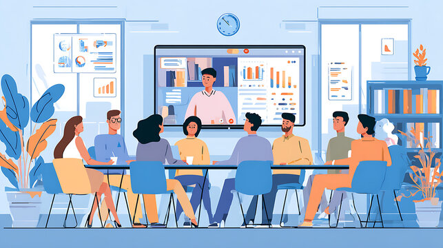 Diverse team collaborating remotely on project with leader via video conference call meeting