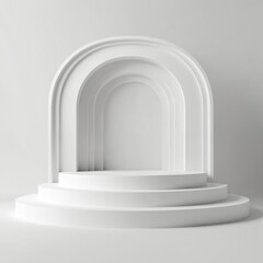 Fototapeta premium Minimalist design featuring white pedestal with curved arch at center. Geometric shapes, stark lines. Square base, balanced composition on gray background.