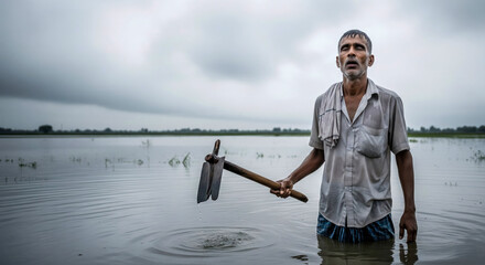 distressed and hardworking Indian farmer standing in a flooded paddy field, holding his farming tool