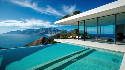 Luxurious modern villa with infinity pool overlooking ocean and mountains