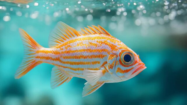 Striped tropical fish in ocean background