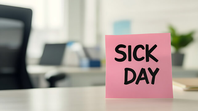 Taking a sick day from work. Pink sticky note with 'Sick Day' on a desk in the office. Get well soon and rest. Remember to take time for yourself.