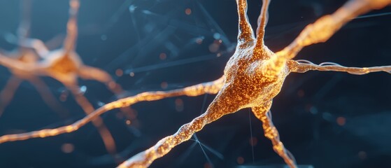 A close-up 3D illustration of glowing neural cells or neurons with synapses in a dark, abstract background