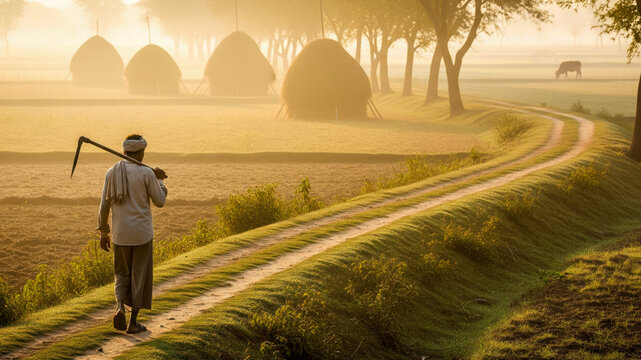 Indian farmer walking with a hoe on his shoulder on a rural dirt path during a beautiful sunrise, with haystacks in the background