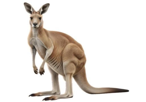 A kangaroo stands alert and facing forward.