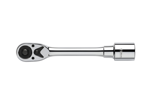 Polished chrome ratchet wrench with 19mm socket.