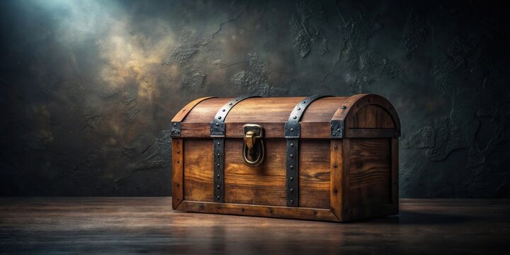 A weathered wooden chest with iron bands, sitting on a dark wooden surface against a textured backdrop, hinting at untold stories and hidden treasures.