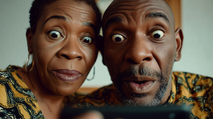 Surprised middle aged black couple looking at smartphone indoors expressing excitement and amazement