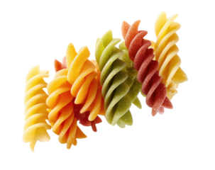 Vibrant pasta spirals in a variety of colors,  yellow, orange, red, and green, arranged in a swirling, dynamic presentation against a transparent background