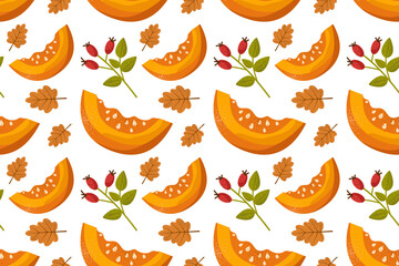 Seamless pattern with hand drawn pumpkin harvest elements. Pumpkin pieces with seeds, leaves, berries. Design for textile, wrapping paper, wallpaper.