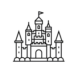 Obraz premium A simple black and white line drawing of a fairy tale castle, featuring multiple towers, battlements, arched doorways, and a flag atop the central tower.