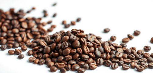 Dark roasted coffee beans in a heap on white background,   still life,  detail