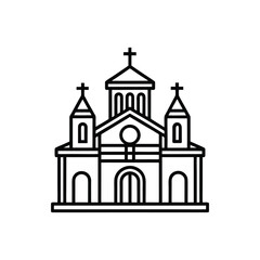 A black and white line art icon depicting a church building with two prominent towers and a central dome, all topped with crosses.
