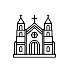 A minimalist black and white line drawing of a church with two bell towers, arched windows, and a cross.