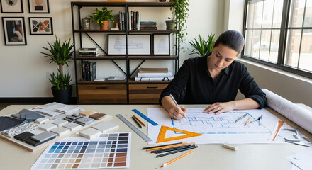 A female architect is diligently working on blueprints and studying at her desk in the office