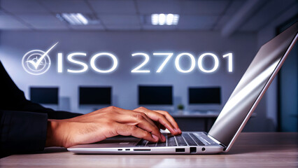 Person typing on laptop with I S O 27001 certification glowing