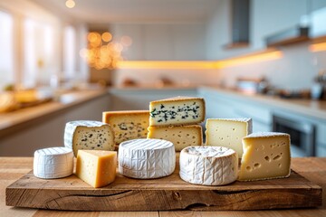 Delicious assortment of gourmet cheeses arranged on a wooden serving board in a bright kitchen.