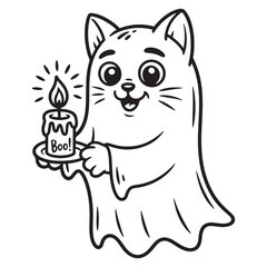 Cute Cat with Boo Candle Line Art Coloring Page