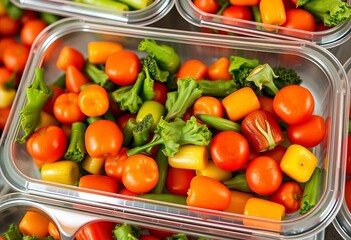 Crisp vegetables packed in clear plastic clamshells,  healthy eating,  green