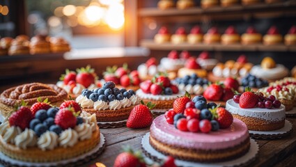 Delicious selection of fruit-topped cakes and tarts, beautifully arranged for a sweet treat.