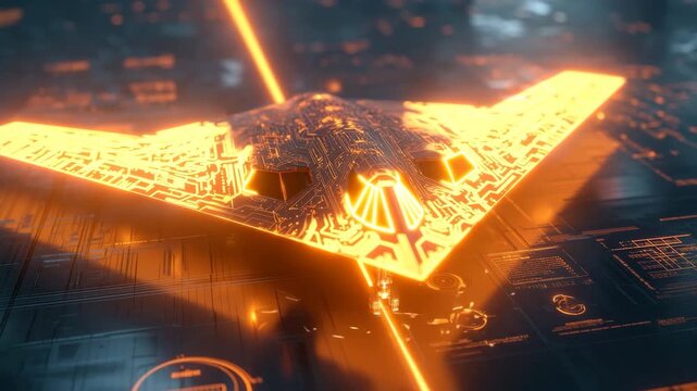 Stealth aircraft glowing with digital circuits