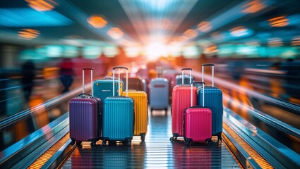 A collection of colorful suitcases ready for travel on an airport walkway.