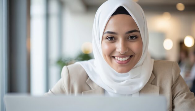 Arabic teacher wearing hijab smiles at students in online English lessons. Woman in headscarf teaches English grammar on desktop with enthusiasm and engagement. - Powered by Adobe