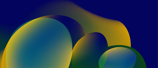 Abstract composition featuring overlapping colorful spheres. Gradient hues blend blues, yellows, greens creating fluid forms. Minimalist design.
