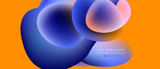 Abstract fluid shapes overlap, creating vibrant color gradients. Orange background complements blue, pink hues. Modern design element.