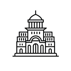 A stylized, black and white line drawing of a grand building featuring a central dome, multiple stories, and arched entrances.
