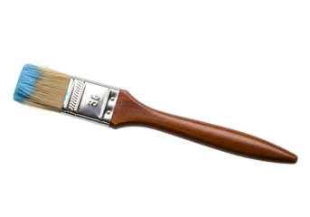 Close-up of a paintbrush with a wooden handle.