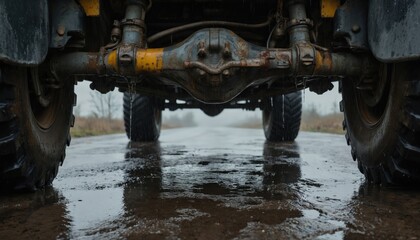 Close-up of a heavy vehicle front tire on a wet road. Black tire contrasts with gray surface. Slightly turned, vehicle undercarriage in rugged environment, water droplets on tire.
