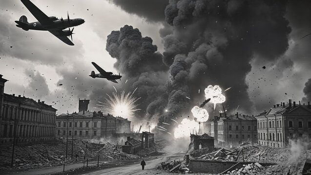 Dramatic black and white image capturing a wartime bombing raid over a city.