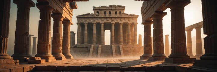 Explore ancient temple ruins under a warm, golden sunset sky.
