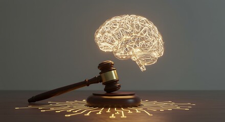Gavel and Wireframe Brain Glowing on Wooden Surface Legal Ai Concept