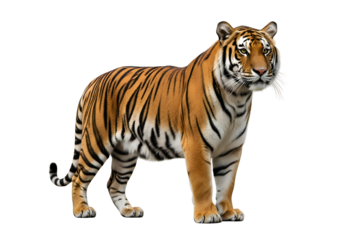 A tiger stands against a black background.