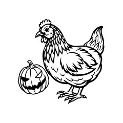 Black and white illustration of a chicken standing beside a spooky Halloween jack-o'-lantern pumpkin.