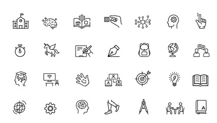 Soft skill education icon set. Essential abilities learning training concept. Early kids education soft skills children development. Minimalist line art white background vector