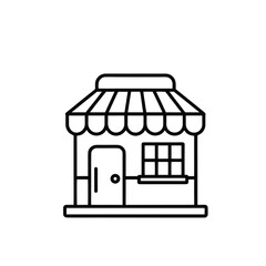 A minimalist black and white line drawing of a shop building featuring a door, window, and a striped awning.
