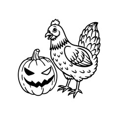 A cartoon illustration featuring a chicken standing next to a carved Halloween pumpkin with a spooky face.