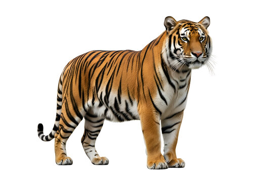 A tiger stands against a black background.