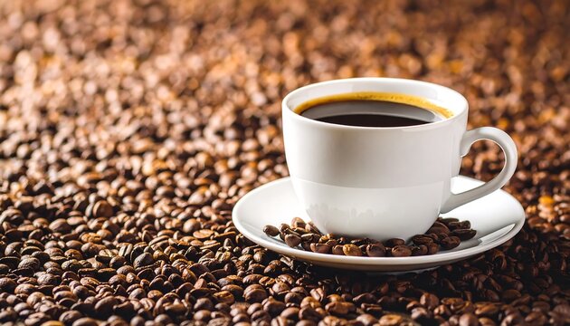 White coffee cup filled with dark coffee on a saucer, surrounded by coffee beans - Powered by Adobe