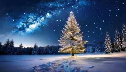 a serene christmas scene with a lit tree under a starry night sky blanketed in fresh snow