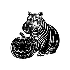 Black and white linocut style illustration of a hippopotamus sitting beside a carved Halloween jack-o'-lantern.